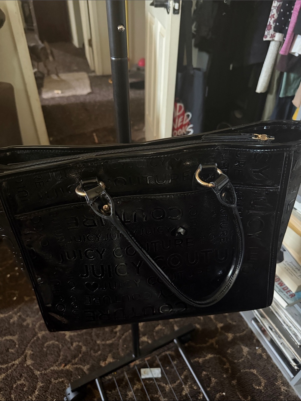 Juicy Couture Glossy Black Embossed Logo Tote
